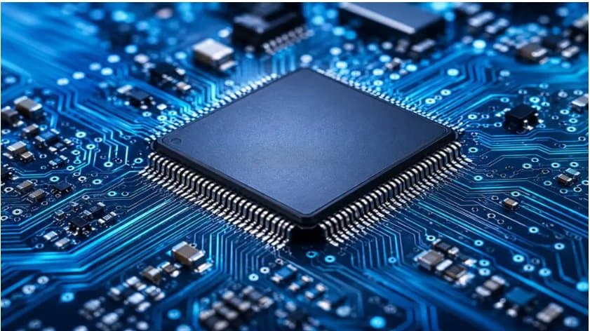 A processor chip mounted on a circuit board