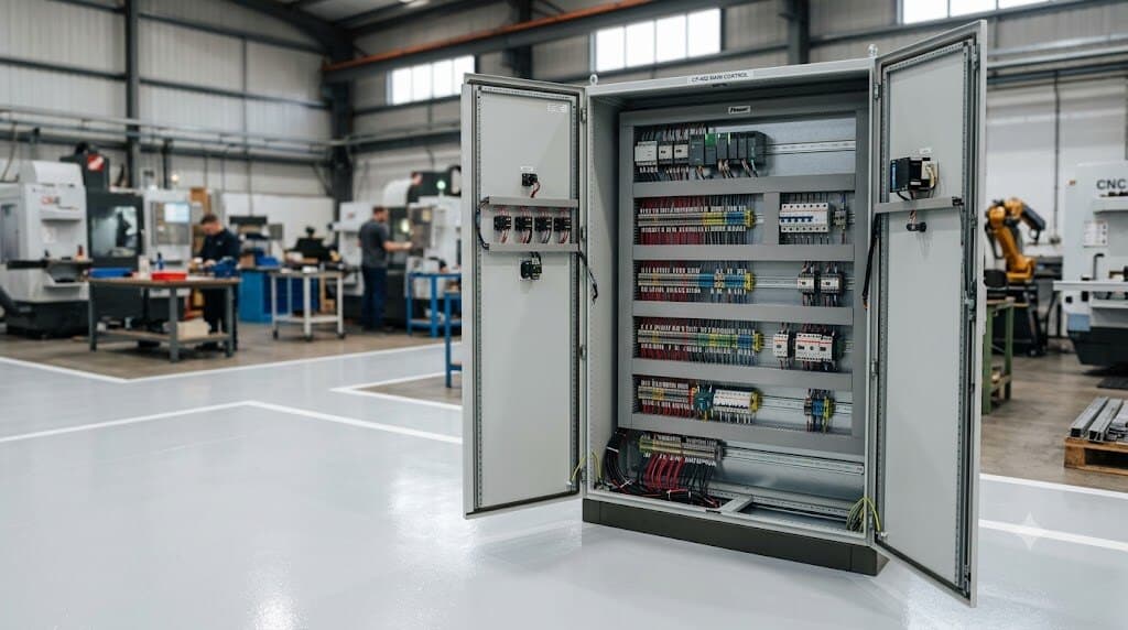 An industrial control panel with its doors open on a workshop floor