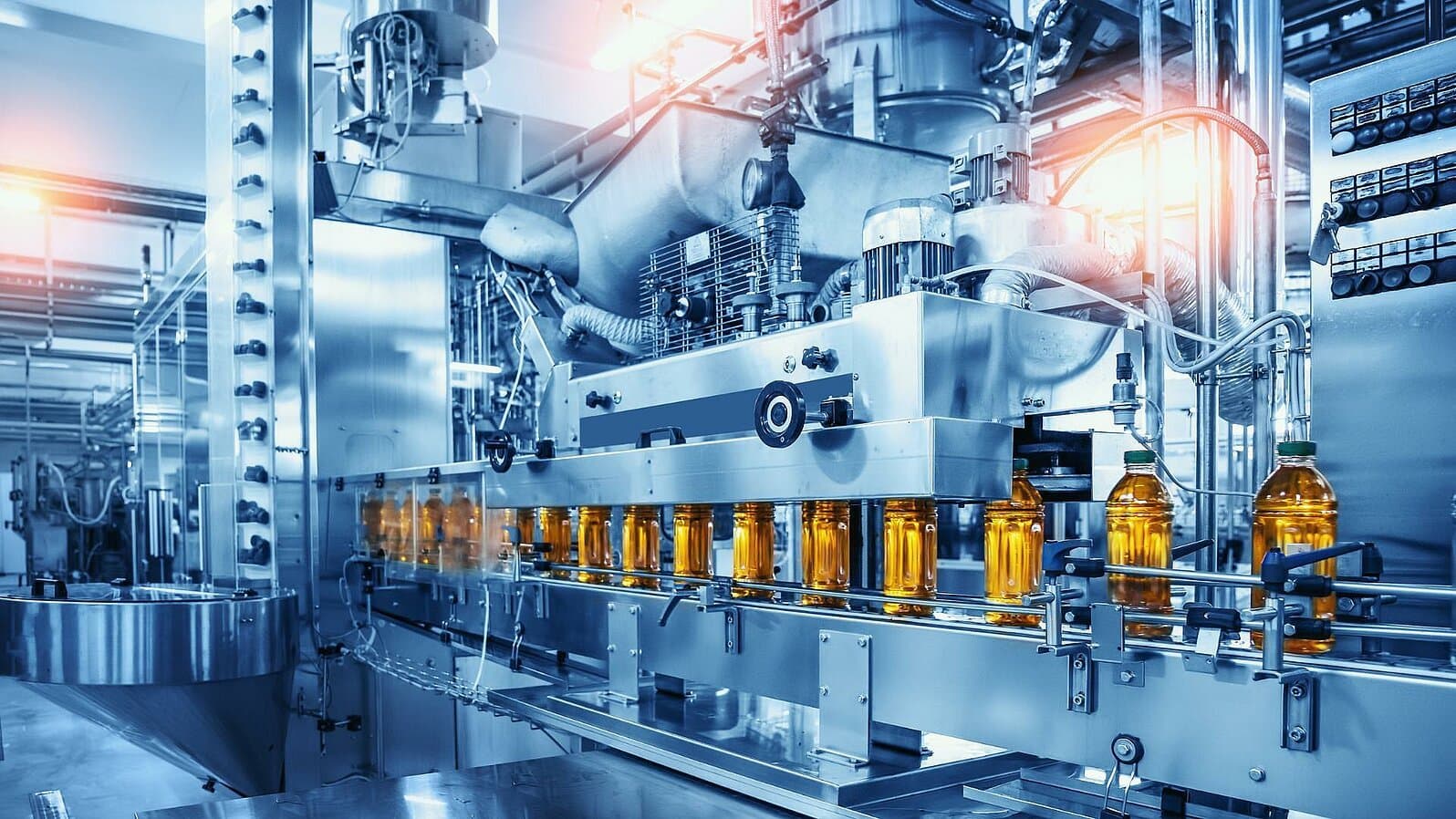 An automated bottling line filling amber bottles