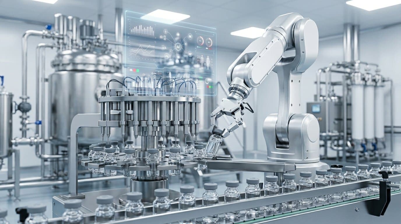 A robotic arm on an automated vial-filling line