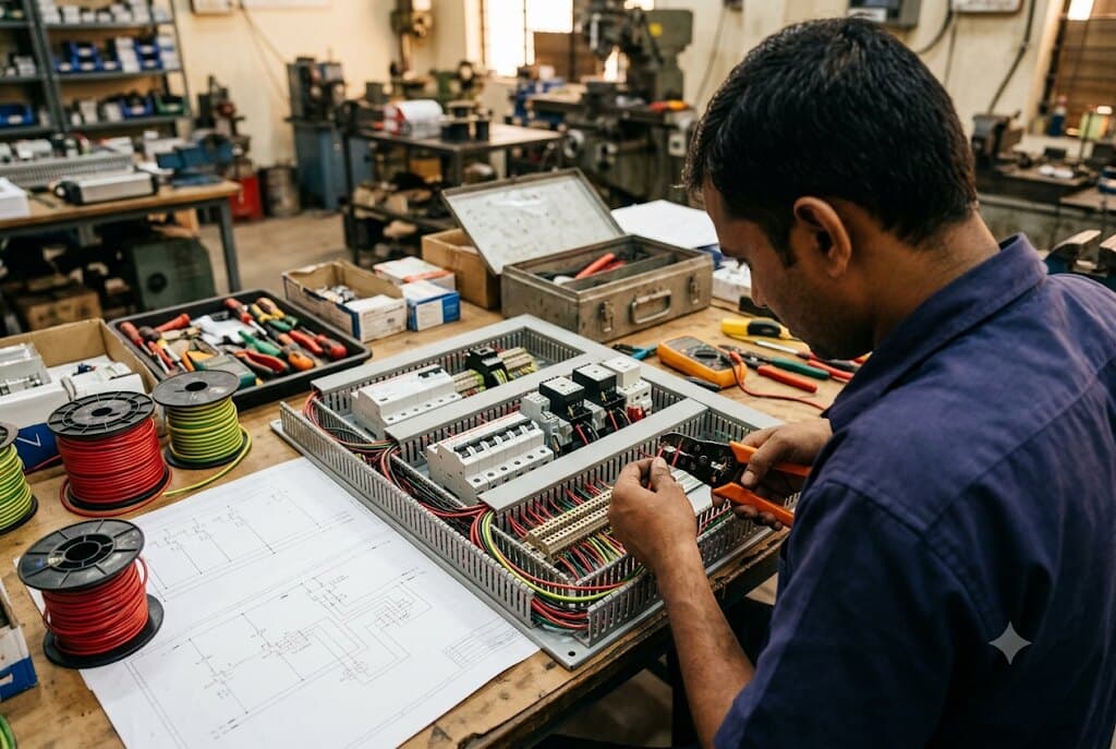 A technician wiring a control panel back-plate on a workbench beside its schematic