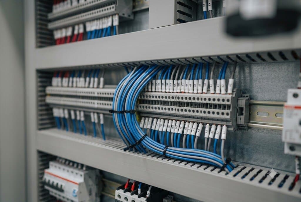 Close-up of numbered control wiring and terminal blocks inside a control panel